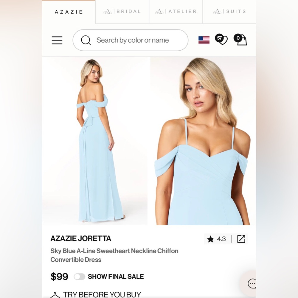 Azazie Joretta chiffon sky blue bridesmaid dress (custom size - close to A2/A4) - Picture 2 of 5